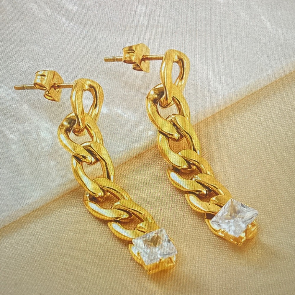 Gold Chain Drop Earrings with Crystal Accent